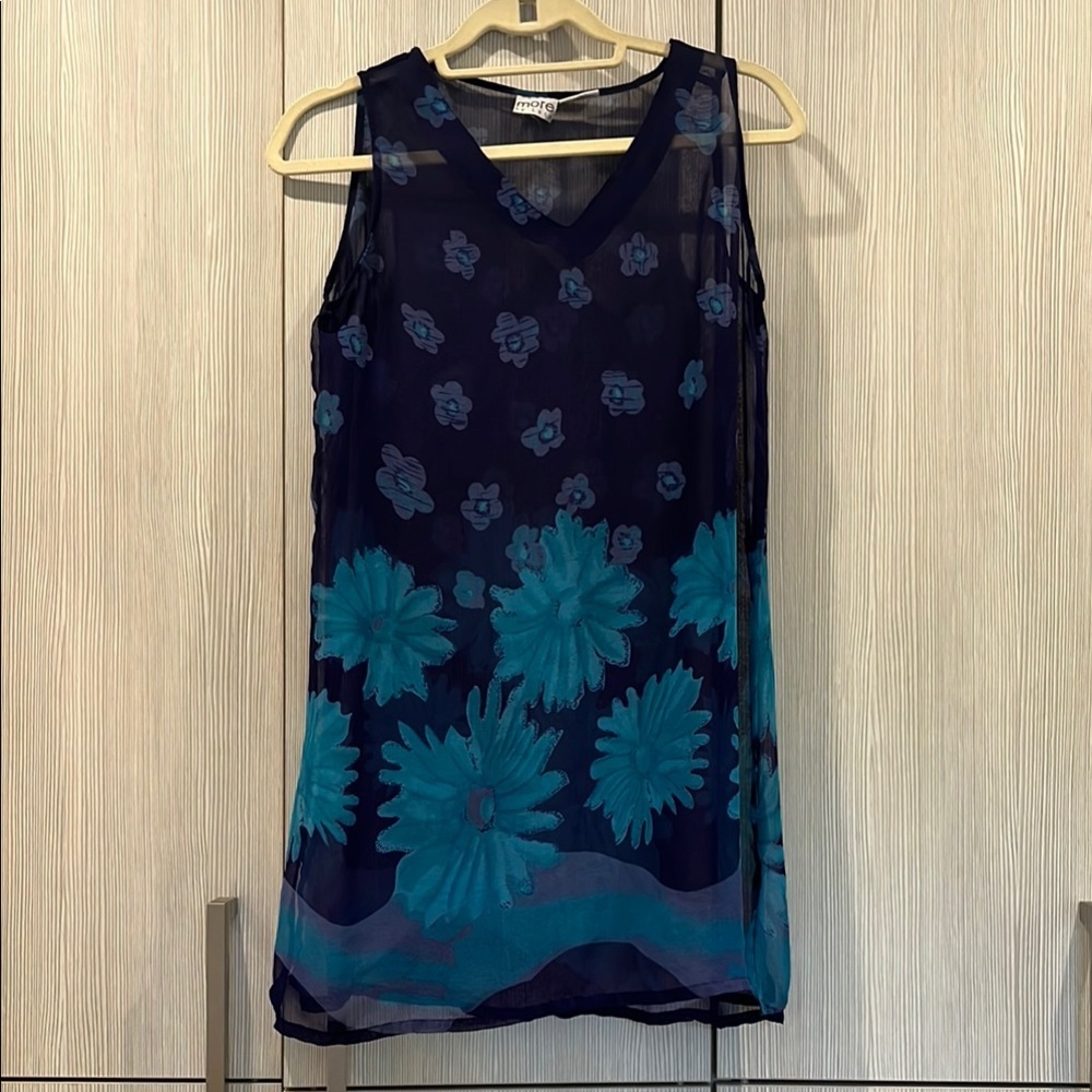 MORE By Lata | Sheer Tunic Top | Swim Cover-Up | Blue Floral | Size